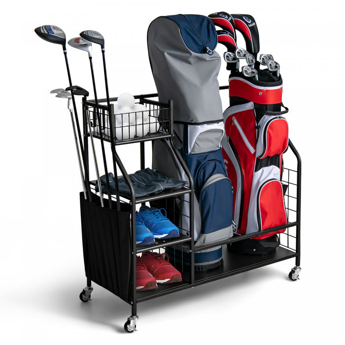 Support De Rangement Pour Sac De Golf Pour Garage, Double Organisateur De Sac De Golf Avec Roues Universelles Verrouillables, Organisateur De Stockage Supplementaire Pour Clubs De Golf Et Autres Equipements De Golf, Support Pour Sac De Golf Avec Support Pour Clubs De Golf