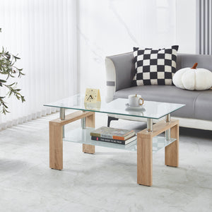 Table basse moderne Lucius au design geometrique en verre trempe avec cadre en metal et verre transparent, naturel