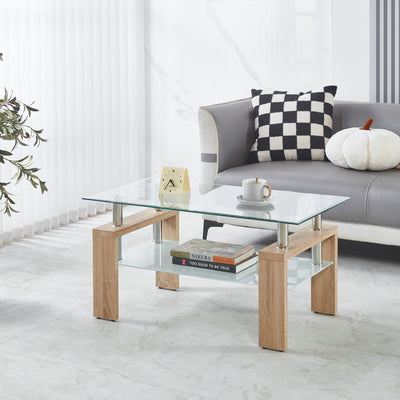Lucius Modern Geometric Design Tempered Glass Coffee Tablewith Metal Frame and Clear Glass,Natural  | Table basse moderne Lucius au design geometrique en verre trempe avec cadre en metal et verre transparent, naturel