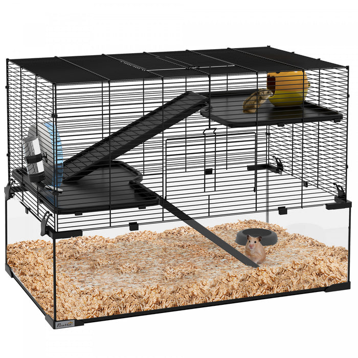Pawhut Cage A Hamster, Cage A Gerbilles Avec Bassin En Verre, Rampes, Plates-formes, Cabane, Roue D'exercice, Pour Hamsters Syriens Et Nains, Noir