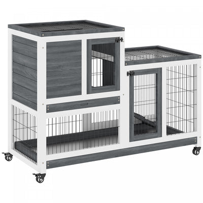 Pawhut Rabbit Hutch Indoor Bunny Cage Guinea Pig House On Wheels With Run, Pull Out Trays, Grey And |Pawhut Clapier D'interieur En Bois Pour Lapin Avec Cage Surelevee Avec Enclos Ferme Avec Roues, Idea