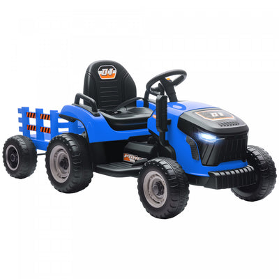 Qaba Kids Ride On Tractor With Trailor, 12v Battery Powered Ride On Car With Remote Control, Music, Lights, Shifter, Electric Vehicle For Kids Ages 3-8 Years, Blue