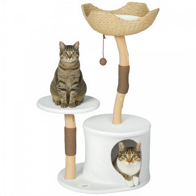 PawHut 40" Cat Tree for Indoor Large Adult Kittens, Real Wood Cat Tower with Sisal Scratching Posts, Condo, Perch, Plush Washable Cushion, White