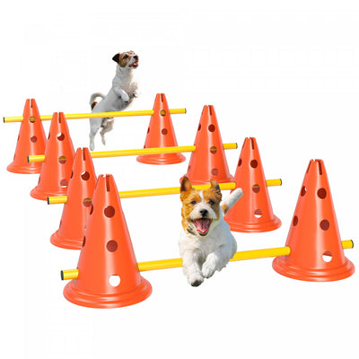 PawHut Dog Agility Hurdle Cone Set, Adjustable Obstacle Course Equipment with 8 Cones & 8 Poles, Portable Canine Agility Training Set with Carry Bag, Orange
