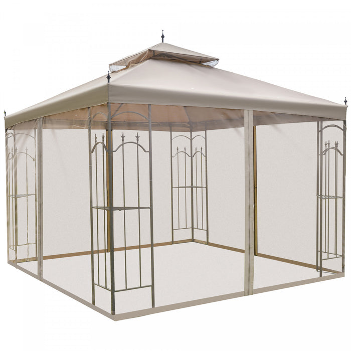 Outsunny 10' X 10' Pavillon De Jardin Avec Rideaux En Maille Amovibles, Etageres De Presentation, Et Cadre En Acier, Brun