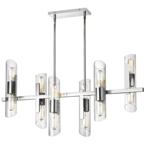 Lustre horizontal Samantha de Dainolite en verre cannelé transparent, avec fini chromé poli et 12 ampoules
