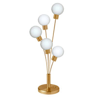Lampe de table Budding Branch de Dainolite en verre blanc, avec fini laiton vieilli et 5 ampoules