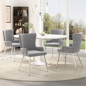 Chaises de salle a manger Luna en velours avec revetement capitonne et pieds metalliques dores, lot de 4, gris