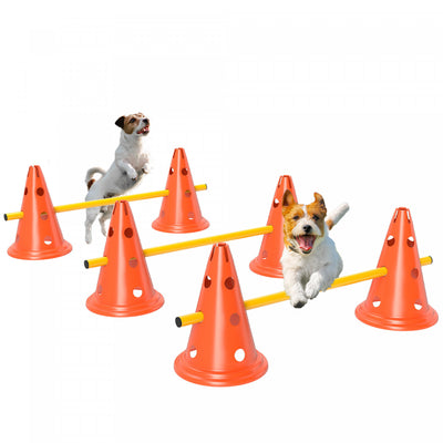 PawHut Dog Agility Hurdle Cone Set, Adjustable Obstacle Course Equipment with 6 Cones & 6 Poles, Portable Canine Agility Training Set with Carry Bag, Orange