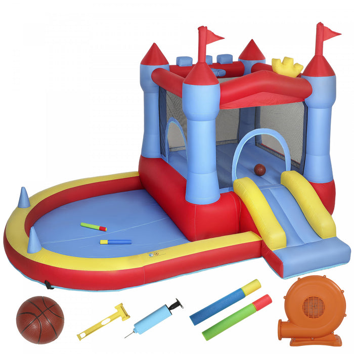 Qaba Chateau Gonflable pour Enfants avec Toboggan, Piscine/Bac a Balles, Panier de Basket