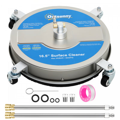 Outsunny 16" Pressure Washer Surface Cleaner 3600 PSI with Stainless Steel Construction, 4 Wheels, 1/4" Quick Connector, 2 Extension Wands, Power Washer Surface Cleaner, Silver
