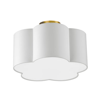 Dainolite Phlox 3 Light Flush Mount Small Aged Brass White Shade Lamp|Petit plafonnier affleuré Phlox de Dainolite avec abat-jour blanc, fini laiton vieilli et 3 ampoules