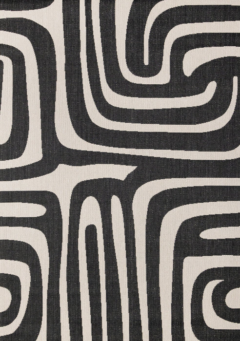 Tapis d'exterieur Jackson a lignes abstraites noires et blanches, 6'7\" x 9'6\"