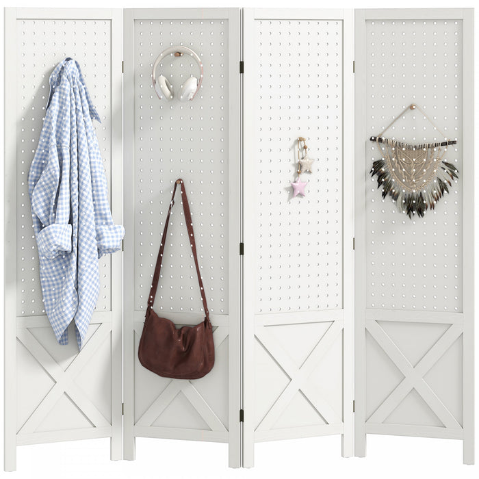 HOMCOM Paravent a 4 Panneaux avec Panneau Perfore pour Interieur, Blanc