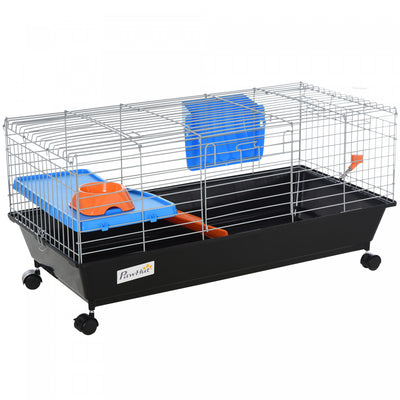 Pawhut 35" Small Animal Cage, Rolling Bunny Cage, Guinea Pig Cage With Food Dish, Water Bottle, Hay |Pawhut Cage Pour Petits Animaux De 88,9 Cm De Long, Cage A Lapin Roulant, Cage Pour Cochon D'inde Av