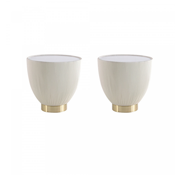 Table d’appoint Anderson moderne avec plateau en pierre frittee et revetement creme – Lot de 2
