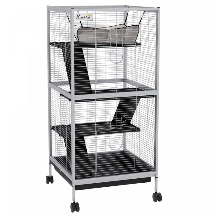 Pawhut Cage Roulante A 4 Niveaux Pour Petits Animaux, Cage Pour Cochon D'inde, Furet, Chinchilla, Chaton, Lapin, Maison De Jeu Avec Plateforme De Hamac, Rampe, Plateau Amovible, Gris Clair