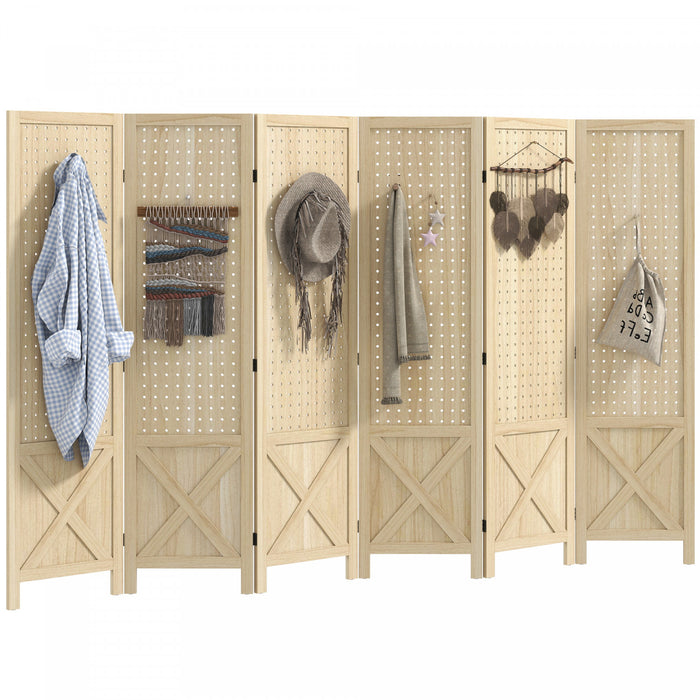 HOMCOM Paravent 6 Panneaux de 4.7 pi avec Panneau Perfore, Bois Naturel