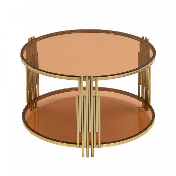 Table Basse Ronde Jonas De 31,5\" En Verre Trempe Avec Etagere Inferieure, Marron