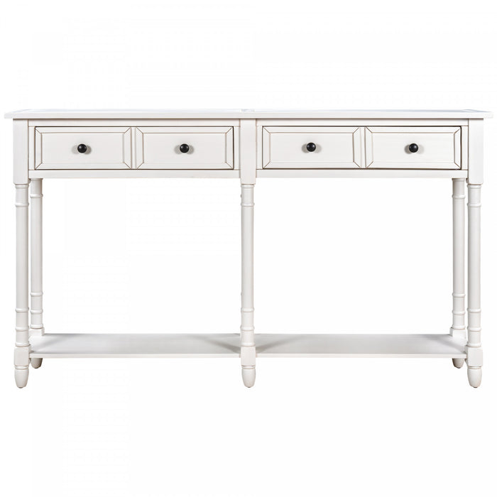 Table Console Phyllis En Bois Massif Avec Tiroirs Et Etagere Inferieure - Ivoire Blanc