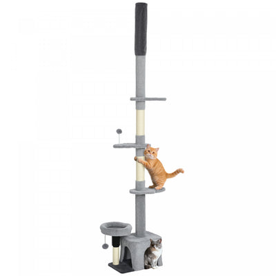 PawHut Floor to Ceiling Cat Tree, 4 Tiers Cat Tower, Adjustable Height 89-100", Tall Kitty Climbing Tower w/ Scratching Post, Condo, Bed, Perches, Dangling Ball for Indoor Kittens