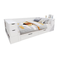  Banquette-lit Mason avec tete de lit de rangement et cadre de lit multifonctionnel avec rangement, taille full, blanc