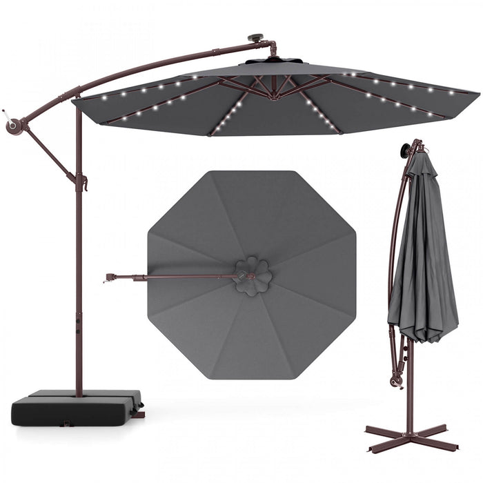Parasol deporte suspendu Costway 10 pieds avec 32 LED, sac de sable, base croisee exterieure gris fonce