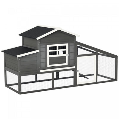 PawHut 79" Wooden Chicken Coop, Outdoor Hen House, Poultry Habitat with Removable Tray, Nesting Box, Run, Ramp, Grey
