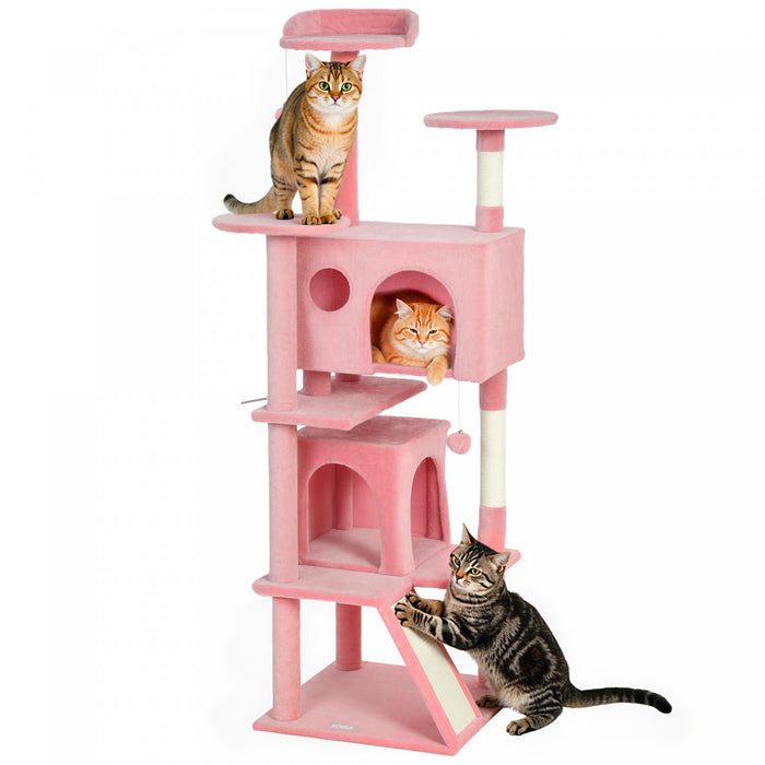 Arbre a chat de 160 cm avec poteaux a griffer, niches, rose