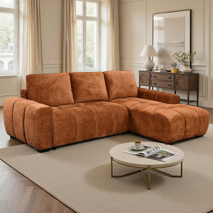 Cove Sectionnel-lit 2 pieces en chenille avec chaise longue de rangement et accoudoirs arrondis - Rouille