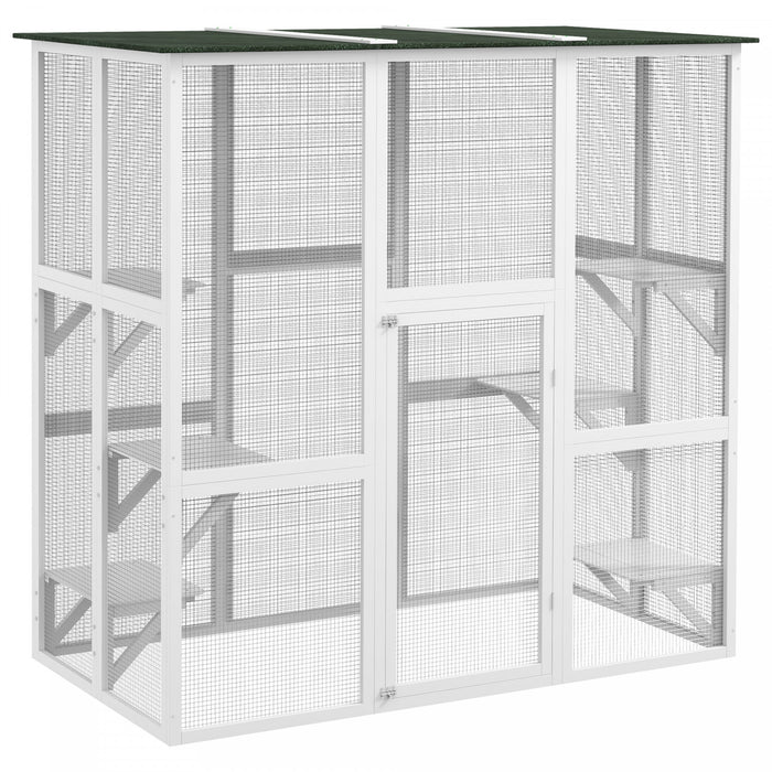 Pawhut Maison Pour Chat D'exterieur En Bois Avec Grand Interieur Spacieux, 6 Rebords Hauts, Toit En Asphalte De Protection Contre Les Intemperies, 71\" L, Blanc