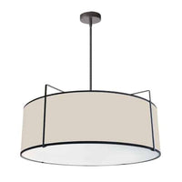 Luminaire suspendu Trapezoid de Dainolite avec abat-jour cylindrique noir et crème qui diffuse la lumière, tissu blanc et 4 ampoules