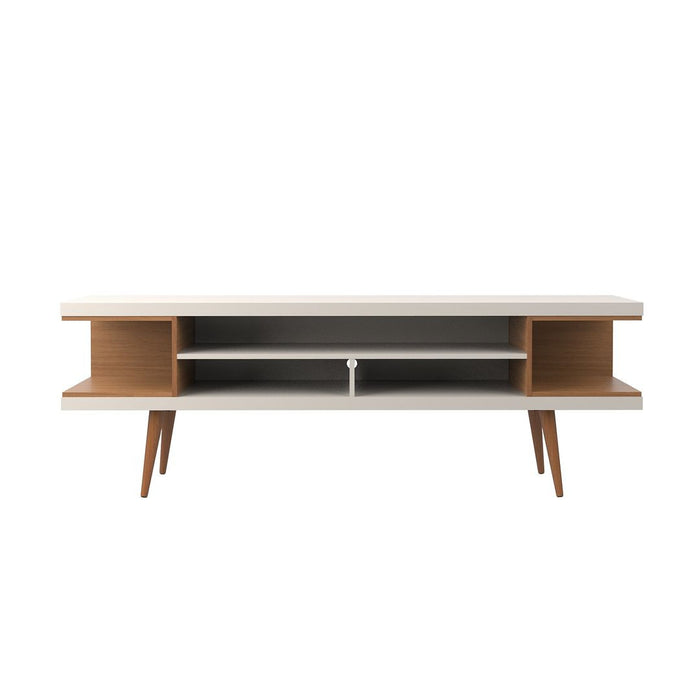 Meuble pour téléviseur Utopia de Manhattan Comfort de 70,47 po avec pattes évasées en bois et 4 tablettes - blanc cassé et crème d'érable