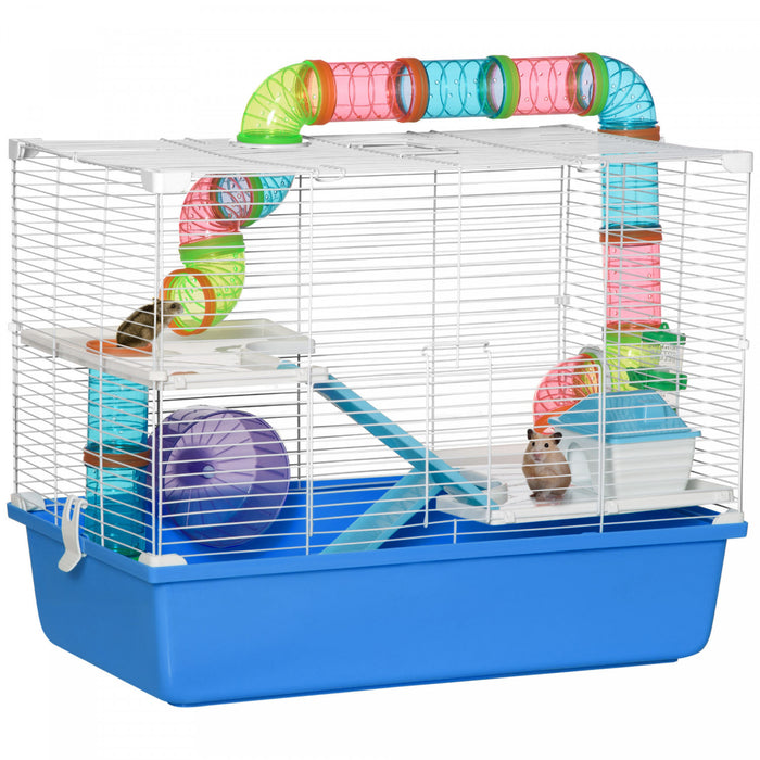 Pawhut Grande Cage Pour Hamster A 3 Niveaux Avec Tubes Et Tunnels, Poignees De Transport Portables, Avec Une Roue D'exercice, Une Bouteille D'eau, Un Plat A Nourriture, 23\" X 14\" X 18.5\", Bleu