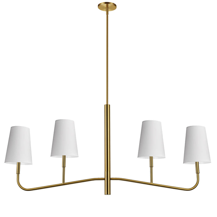 Lustre horizontal Eleanor de Dainolite avec abat-jour blancs, fini laiton vieilli et 4 ampoules