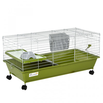 Pawhut 35" Small Animal Cage, Rolling Bunny Cage, Guinea Pig Cage With Food Dish, Water Bottle, Hay |Pawhut Cage Pour Petits Animaux De 88,9 Cm De Long, Cage A Lapin Roulant, Cage Pour Cochon D'inde Av