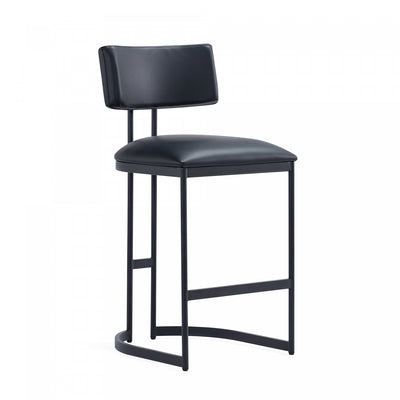 Juno Contemporary Modern Vegan Leather Metal Counter Stool in Black | Tabouret de comptoir contemporain moderne Juno en cuir vegetalien et metal, coloris noir