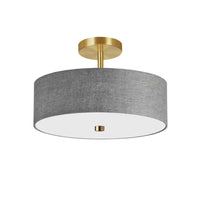 Plafonnier semi-affleuré Everly de Dainolite avec abat-jour gris, fini laiton vieilli et 3 ampoules