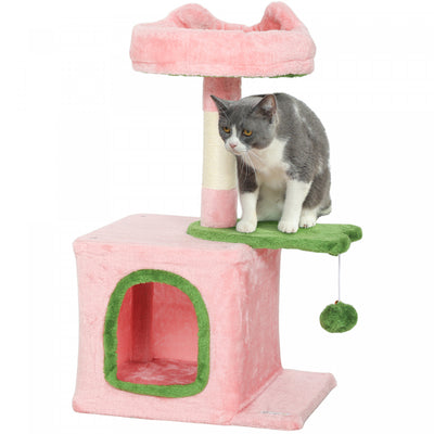 PawHut Cat Tree, 28" Cat Tower for Indoor Kittens with Plush Top Bed, Cozy Condo, Sisal Scratching Post, Perch, Dangling Ball, Pink and Green