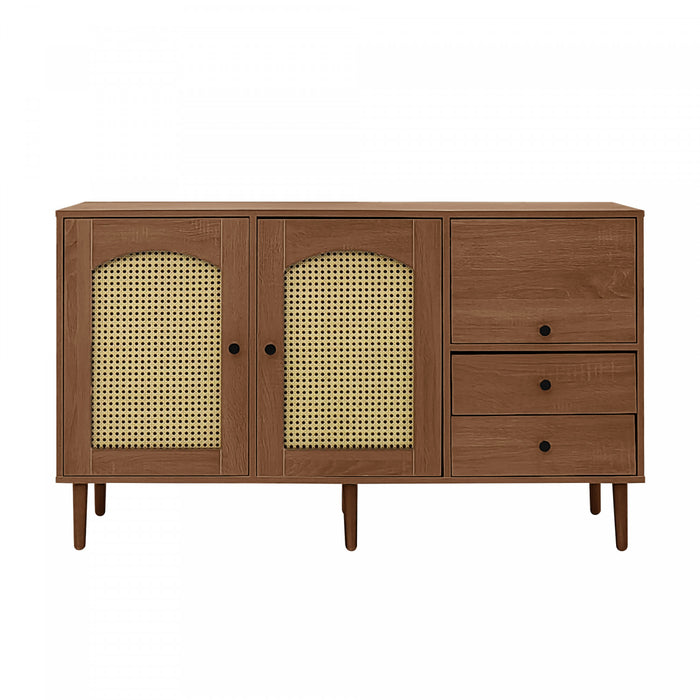 Zona 51.1\" Buffet avec Portes en Rattan et Etageres Ajustables, Marron Fonce