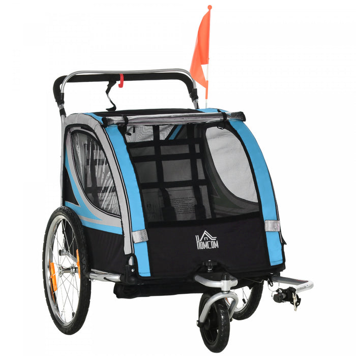 Aosom Remorque Velo Enfant 2 En 1, Poussette Bebe Avec Frein, Sac De Rangement, Drapeau De Securite, Reflecteurs Et Harnais 5 Points, Bleu