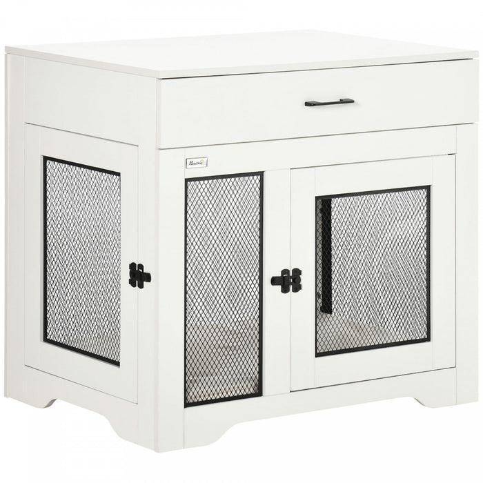 Pawhut Cage Pour Chien Avec Coussin, 2 Portes, Table D'appoint Avec Rangement, Cage D'interieur Pour Chiens De Petite Et Moyenne Taille, Blanc