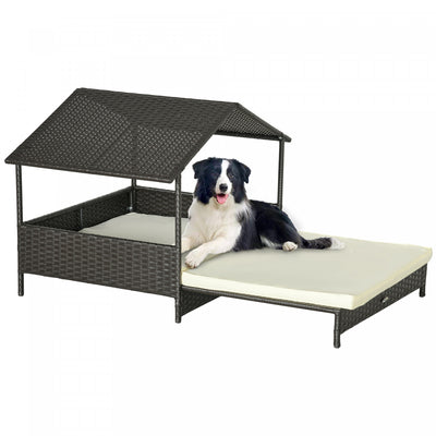 Pawhut Elevated Rattan Dog House Outdoor With Canopy, Extendable Wicker Dog Bed With Water-resistant|Pawhut Niche Pour Chien En Rotin Extensible Pour Exterieur Et Interieur Avec Toit, Lit Sureleve En O