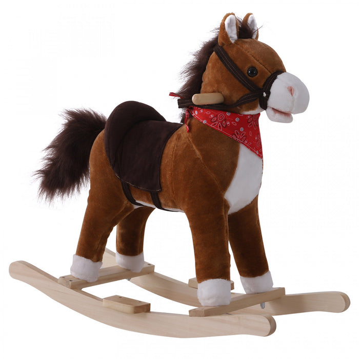Qaba Enfants En Peluche Balade Sur Cheval A Bascule Enfant Animal Aventure Chaise A Bascule Jouet De Jeu Avec Echarpe Sonore Incluse Rouge Marron