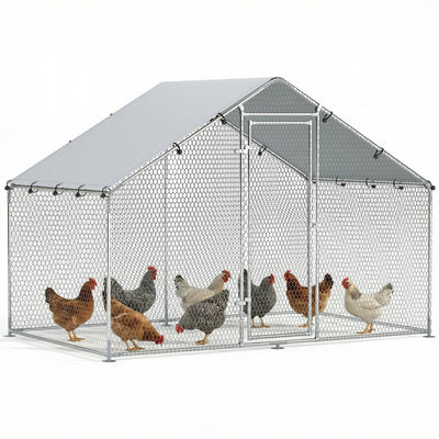 PawHut Metal Chicken Coop, 9.8 x 5.6 FT Walk-in Chicken Run with Weatherproof UV Cover, Lockable Door, Large Outdoor Poultry Cage for 5-8 Chickens, for Farm, Yard, Garden, Silver