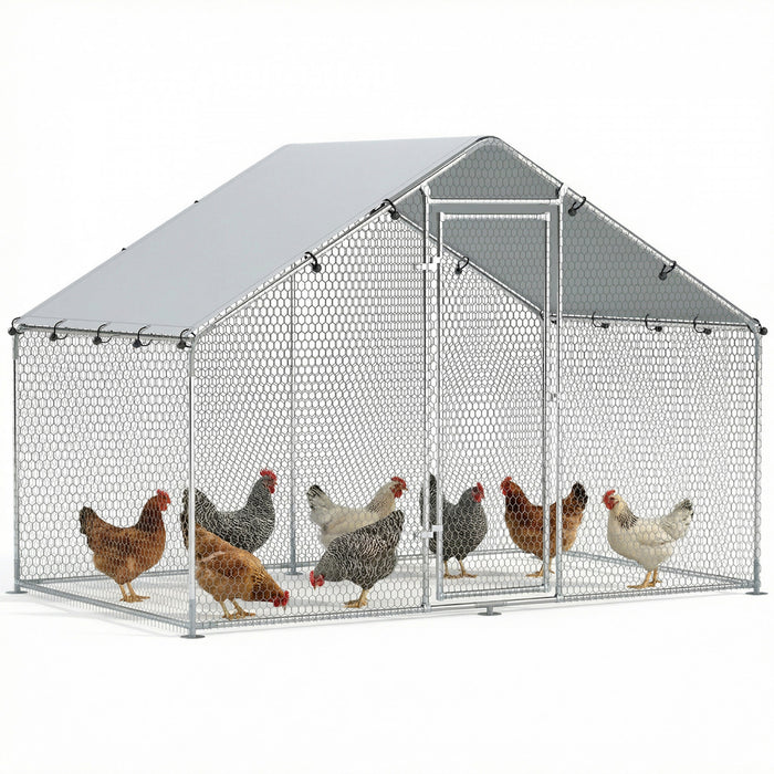 PawHut Poulailler Metallique, Enclos Exterieur de 9,8 x 5,6 Pieds avec Toit Resistant aux Intemperies et Porte Verrouillable, Grand Parc a Poules pour 5-8 Poules, Argente