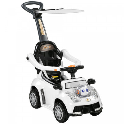 Qaba Push Car, 3 In 1 Kids Ride On Car Toddler Sliding Car With Music, Light, Foot To Floor Baby Car With Handle, Removable Canopy, Safety Guardrail, Horn, White