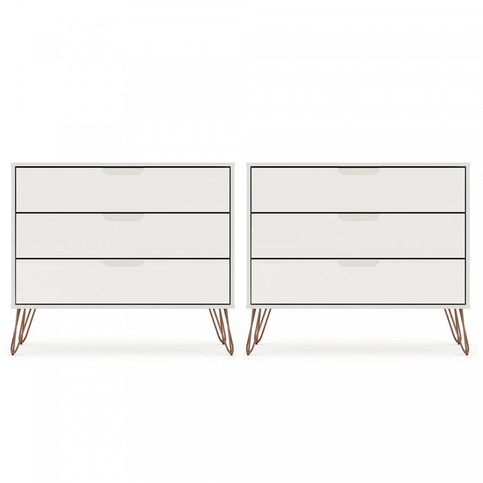 Commode Rockefeller Mid-Century Modern 89 cm en blanc casse (3 tiroirs) - Lot de 2