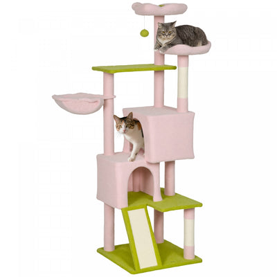 PawHut 62" Flower Cat Tree, Multi-Level Large Cat Tower with 2 Condos, 2 Beds, Hammock, Sisal Scratching Posts & Pad, Plush Perch, Platforms, for Indoor Kittens, Pink