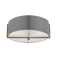Plafonnier semi-affleuré Preston de Dainolite avec abat-jour gris, fini laiton vieilli et 3 ampoules